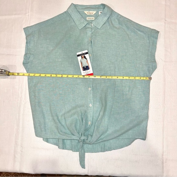 Weatherproof Washable Womens Linen Viscose Green Short Sleeve Button-Down Tie - Picture 6 of 9